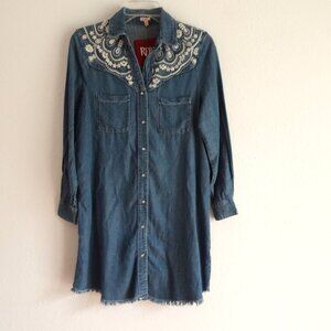 Reba Western Shirt Dress Women's Size S Blue Embroidered Lightweight Cowgirl